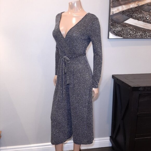 Mandee Sparkle Jumpsuit Long Sleeve Wide Cropped Leg Tie Belted Surplice Glitter - Picture 5 of 14